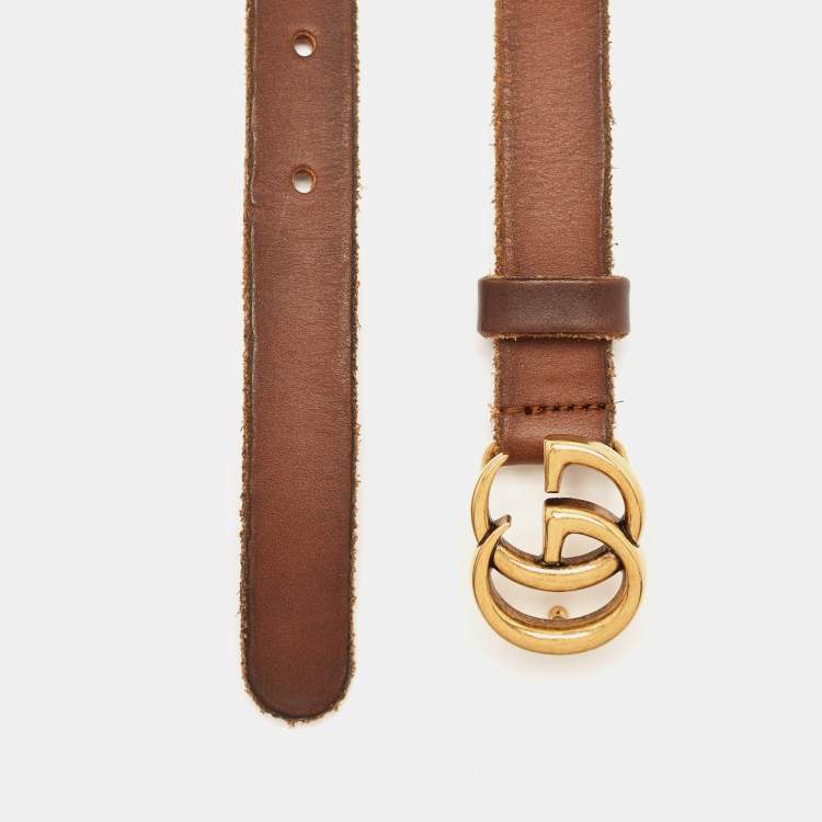 Pre Owned Gucci Brown Leather Double G Slim Buckle Belt 100CM 