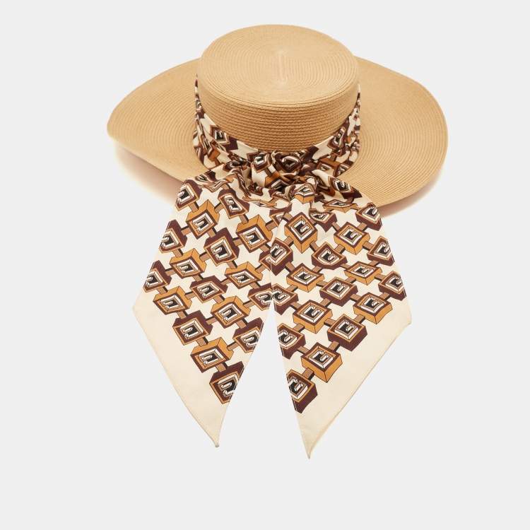 Pre Owned Gucci Brown Silk Scarf Trim Straw Hat S