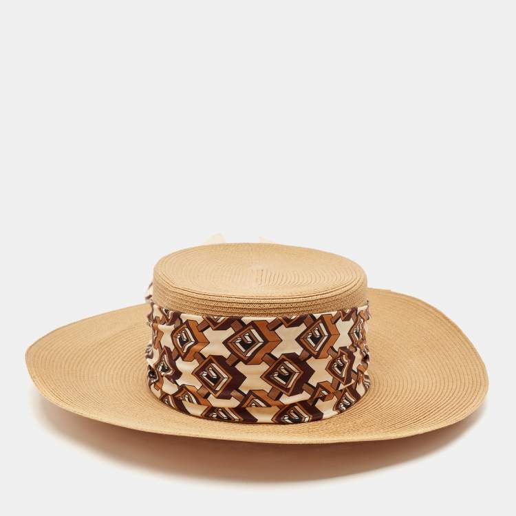 Pre Owned Gucci Brown Silk Scarf Trim Straw Hat S