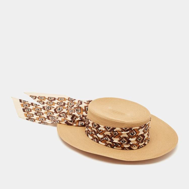Pre Owned Gucci Brown Silk Scarf Trim Straw Hat S