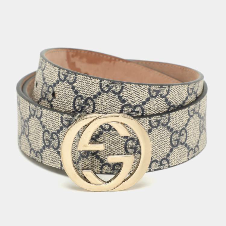 Pre Owned Gucci Beige/Navy Blue GG Supreme Canvas GG Buckle Belt 85CM
