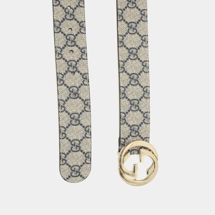 Pre Owned Gucci Beige/Navy Blue GG Supreme Canvas GG Buckle Belt 85CM