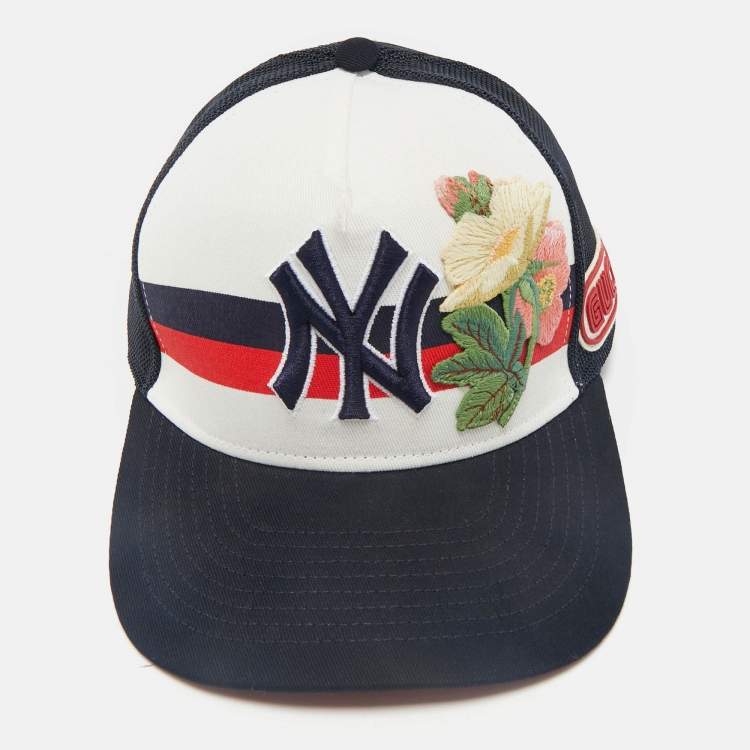 Pre Owned Gucci x NY Yankees Navy Blue GG Floral Applique Baseball Cap M
