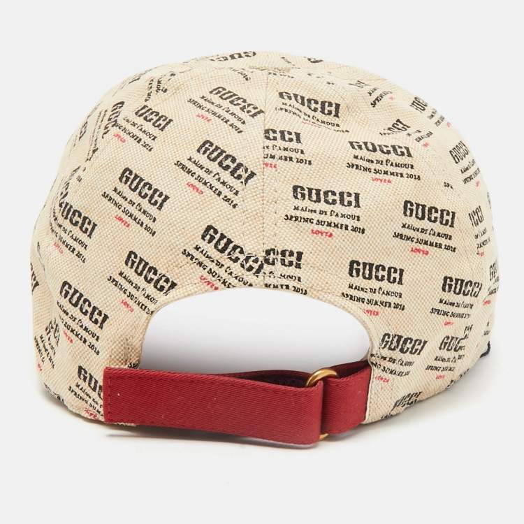 Pre Owned Gucci Beige Stamp Print Linen Blend Baseball Cap M