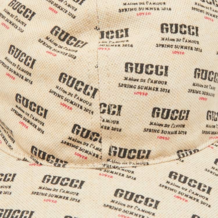 Pre Owned Gucci Beige Stamp Print Linen Blend Baseball Cap M