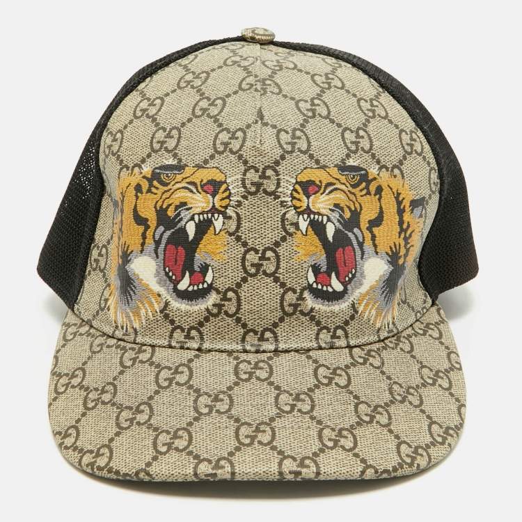Pre Owned Gucci Beige/Black Tiger Print GG Supreme Canvas & Mesh Baseball Cap M
