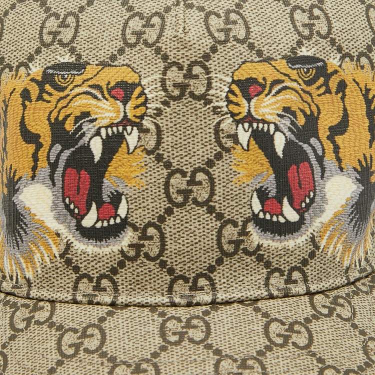 Pre Owned Gucci Beige/Black Tiger Print GG Supreme Canvas & Mesh Baseball Cap M
