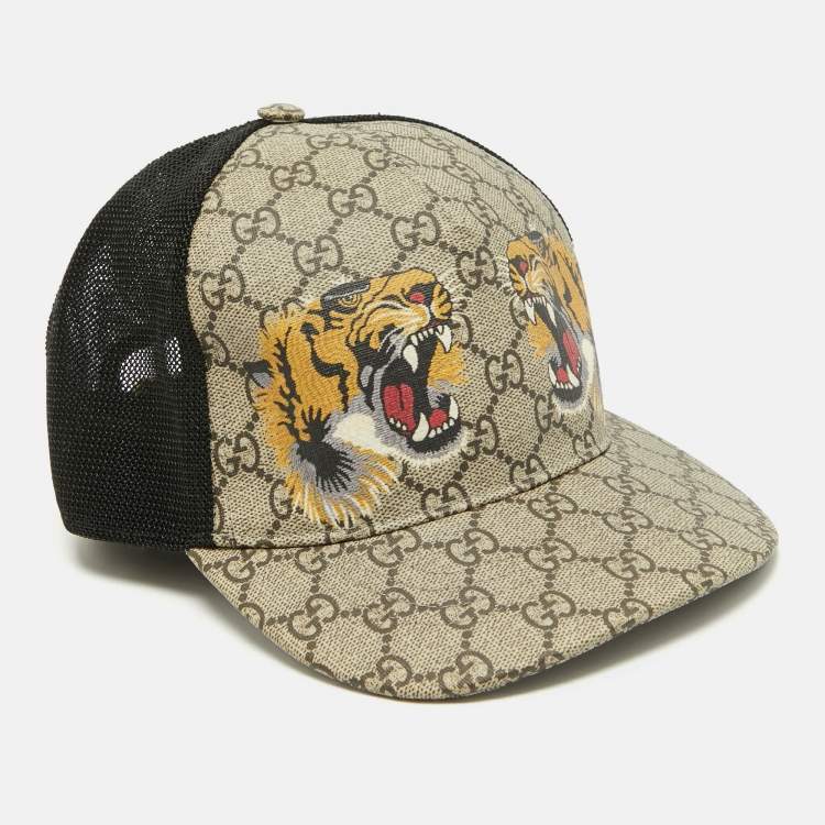 Pre Owned Gucci Beige/Black Tiger Print GG Supreme Canvas & Mesh Baseball Cap M
