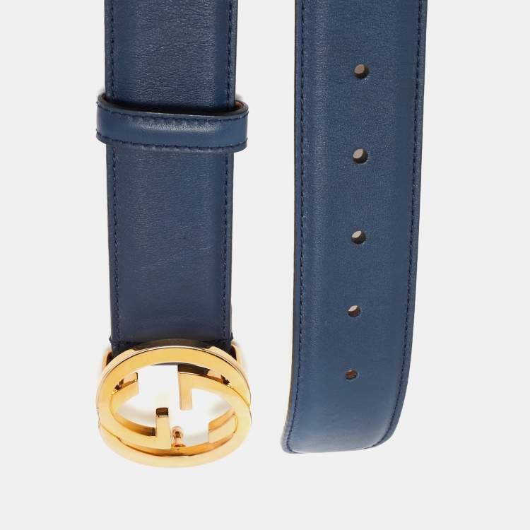 Pre Owned Gucci Navy Blue Leather Interlocking G Buckle Belt 80 CM