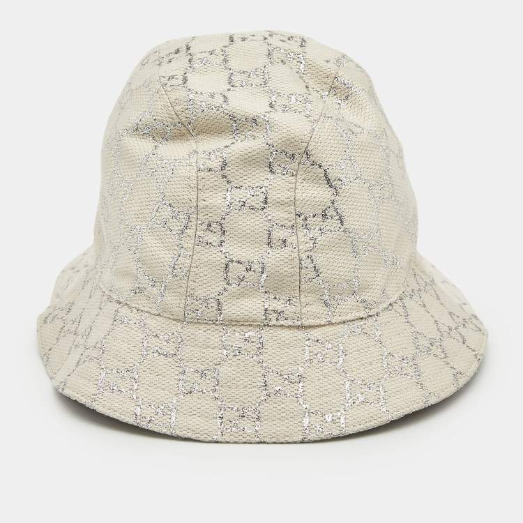 Pre Owned Gucci White GG Lamé Wool Bucket Hat M