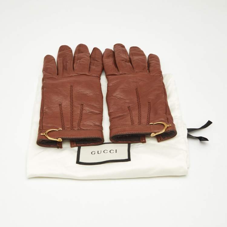 Pre Owned Gucci Brown Leather Gloves Size 7.5