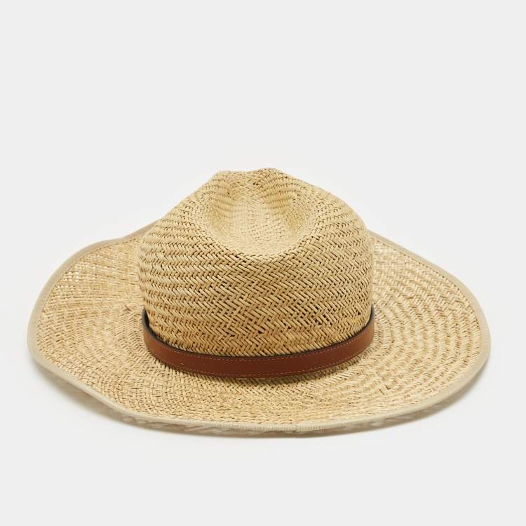 Pre Owned Gucci Beige Horsebit Leather Trim Straw Hat 