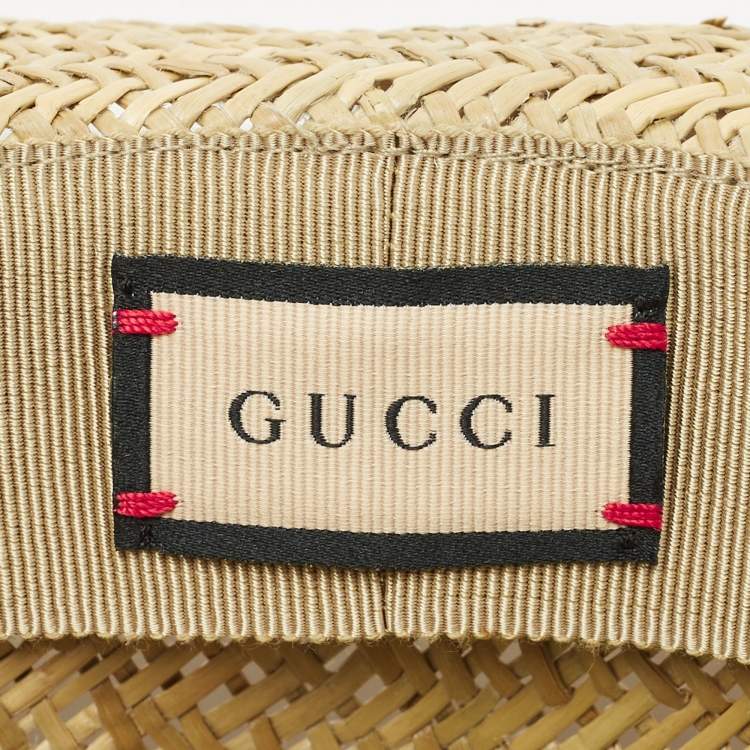 Pre Owned Gucci Beige Horsebit Leather Trim Straw Hat 