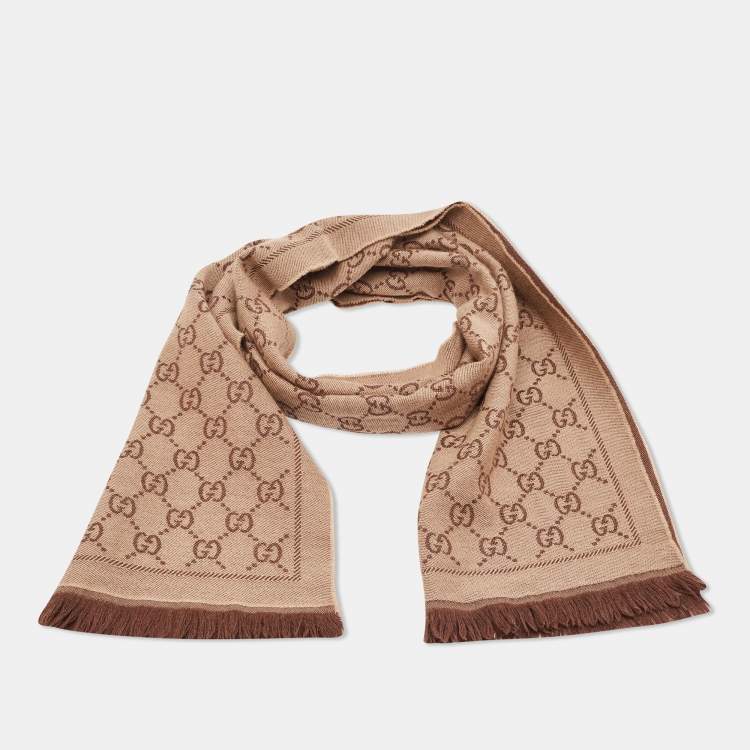 Pre Owned Gucci Light Brown GG Jacquard Wool Knit Scarf 