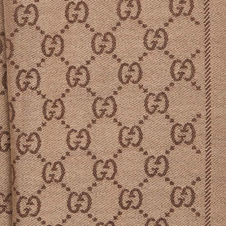 Pre Owned Gucci Light Brown GG Jacquard Wool Knit Scarf 