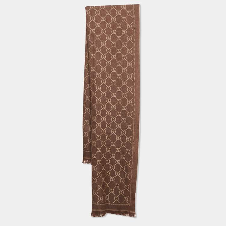 Pre Owned Gucci Light Brown GG Jacquard Wool Knit Scarf 