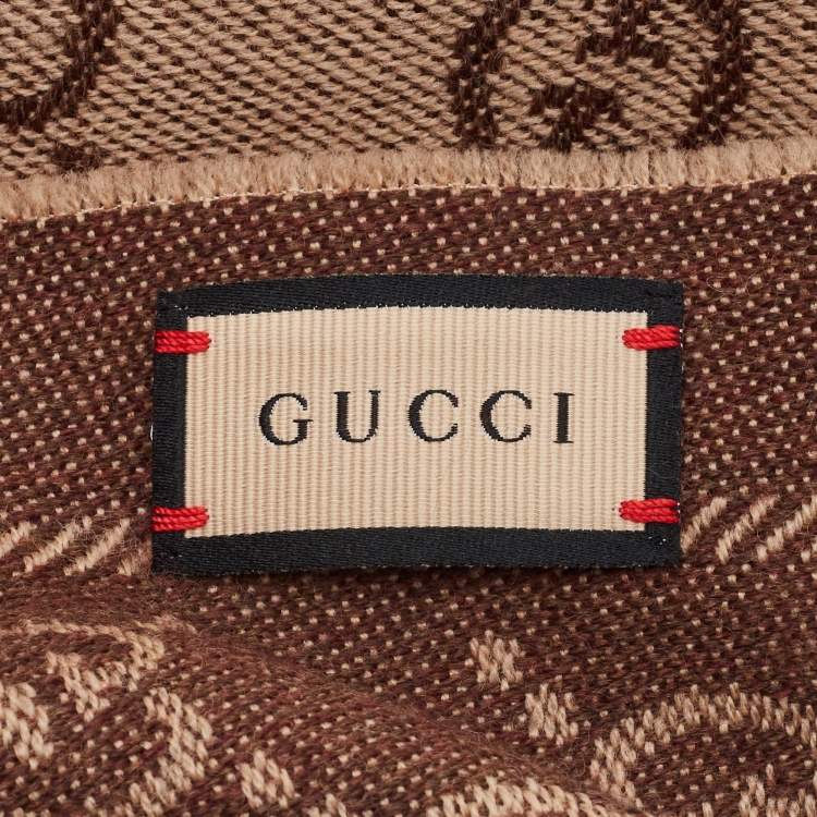 Pre Owned Gucci Light Brown GG Jacquard Wool Knit Scarf 