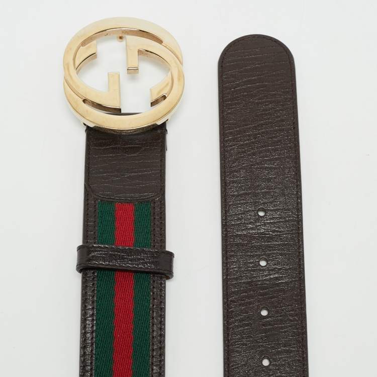 Pre Owned Gucci Brown Web Canvas and Leather Interlocking G Buckle Belt 85CM