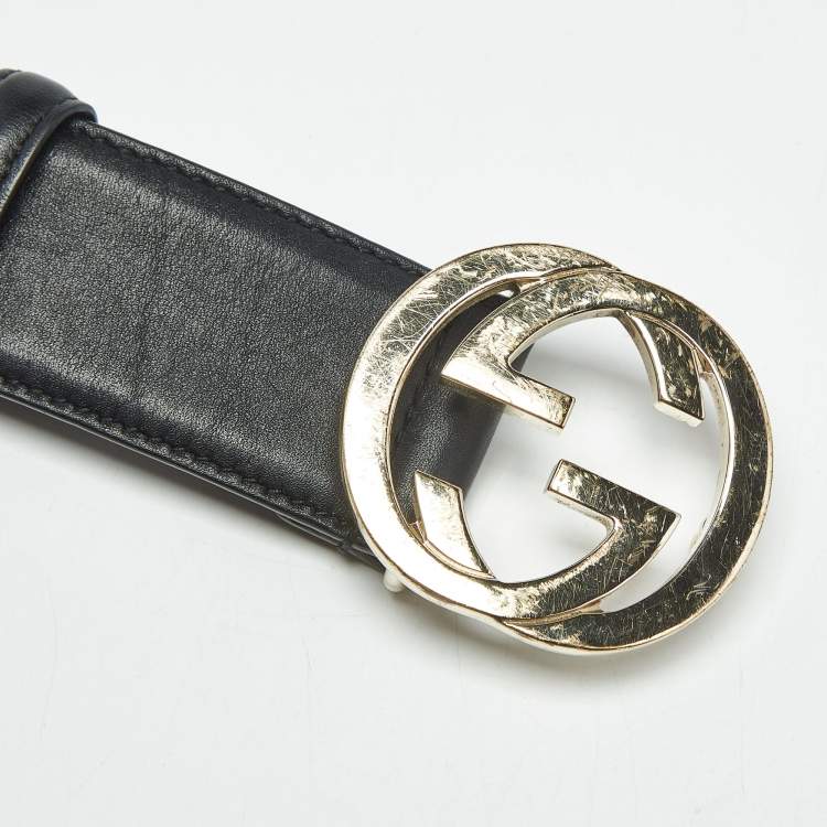 مملوكة مسبقًا Gucci Black Leather Interlocking G Buckle Belt 95 CM