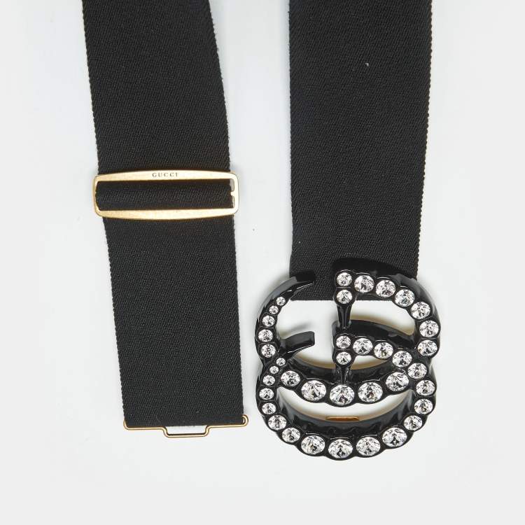 Pre Owned Gucci Black Elastic Crystal Embellished Plexiglass GG Marmont Belt 90 CM
