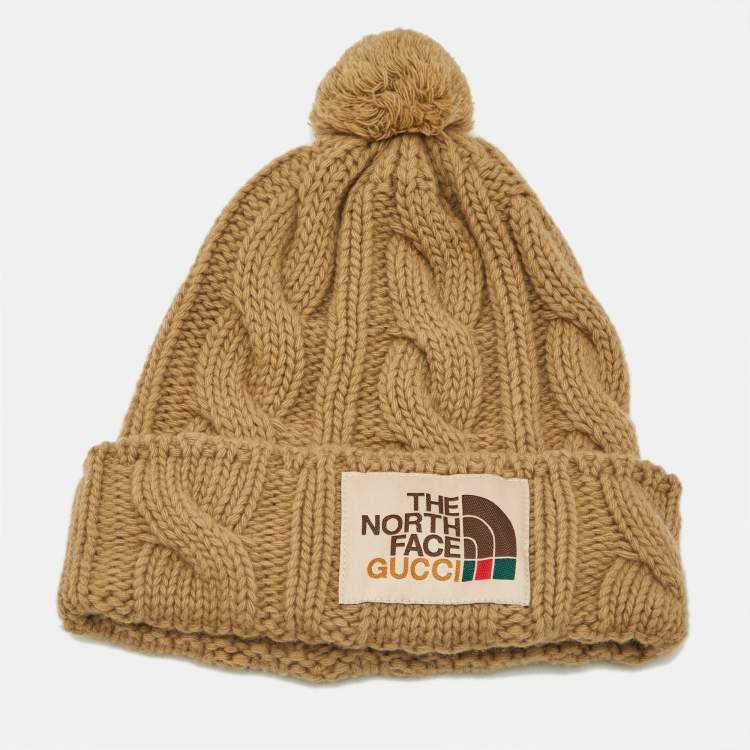 Pre Owned Gucci x The North Face Camel Brown Cable Knit  Pom Pom Beanie S