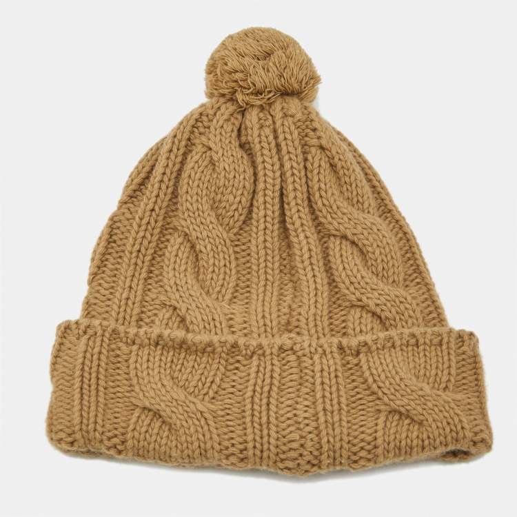 Pre Owned Gucci x The North Face Camel Brown Cable Knit  Pom Pom Beanie S