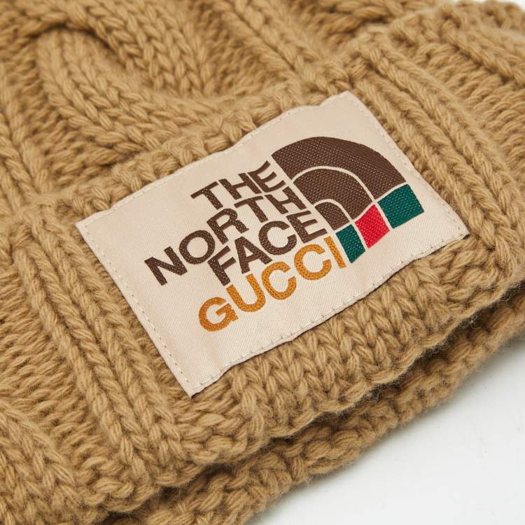 Pre Owned Gucci x The North Face Camel Brown Cable Knit  Pom Pom Beanie S