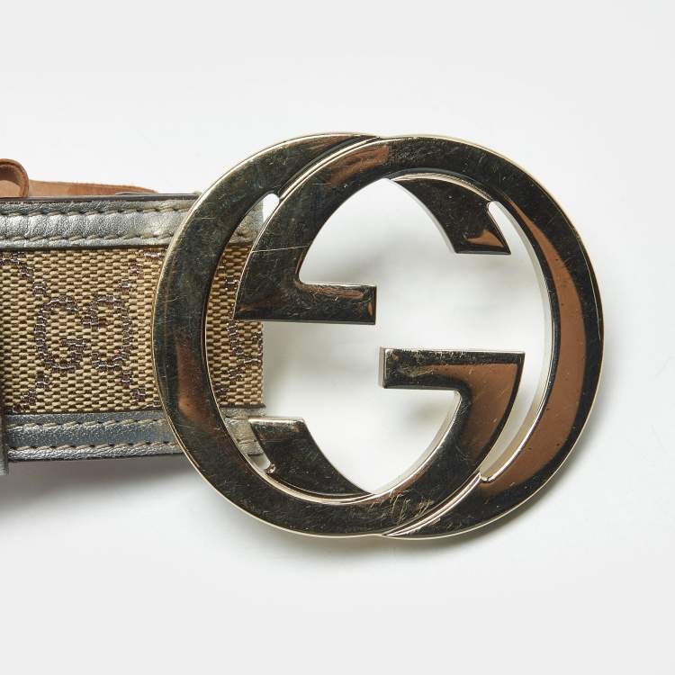 Pre Owned Gucci Beige/Silver GG Canvas and Leather Interlocking G Buckle Belt 90CM