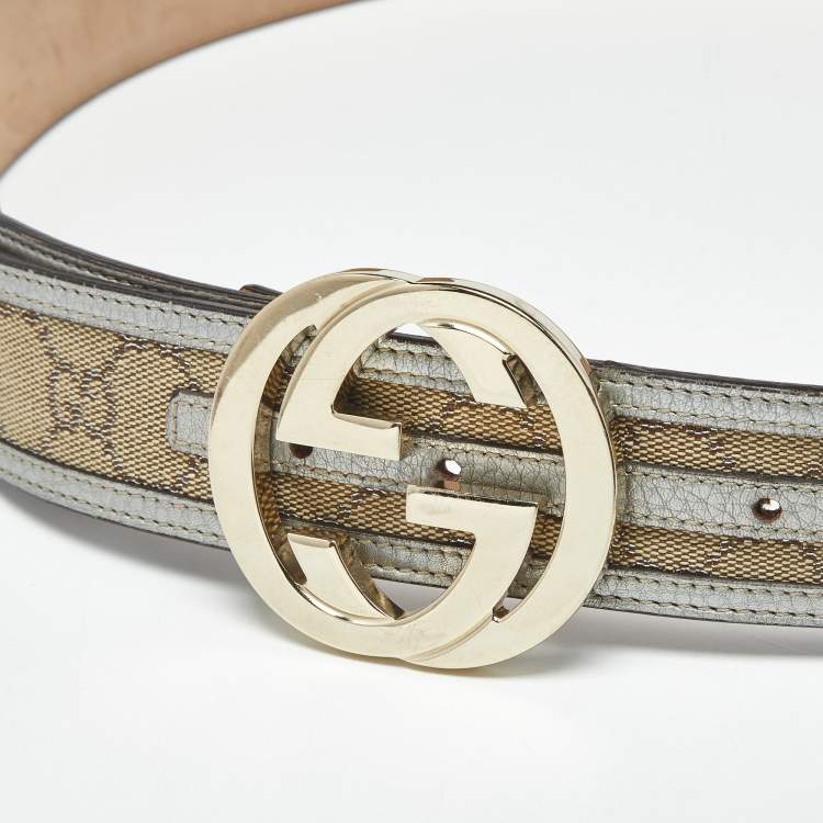 Pre Owned Gucci Beige/Silver GG Canvas and Leather Interlocking G Buckle Belt 90CM