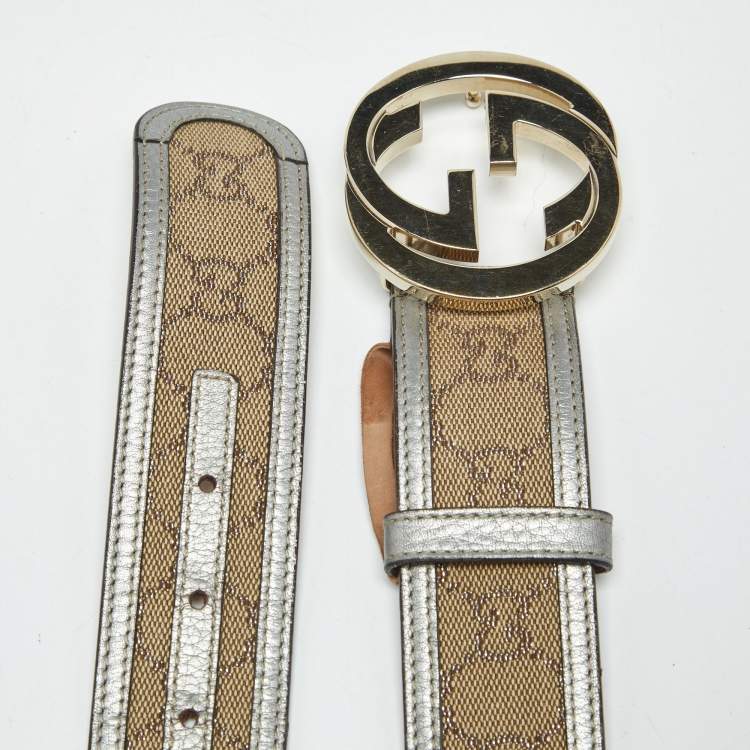 Pre Owned Gucci Beige/Silver GG Canvas and Leather Interlocking G Buckle Belt 90CM