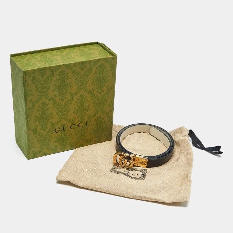 Pre Owned Gucci Black/White Leather GG Marmont Reversible Slim Belt 80 CM