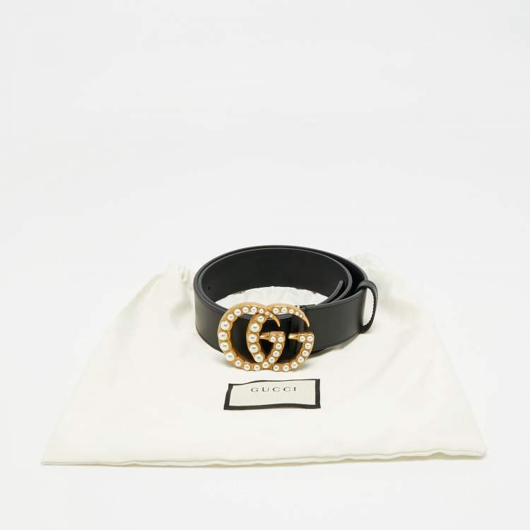 Pre Owned Gucci Black Leather Pearl Embellished Double G Buckle Belt 80 CM