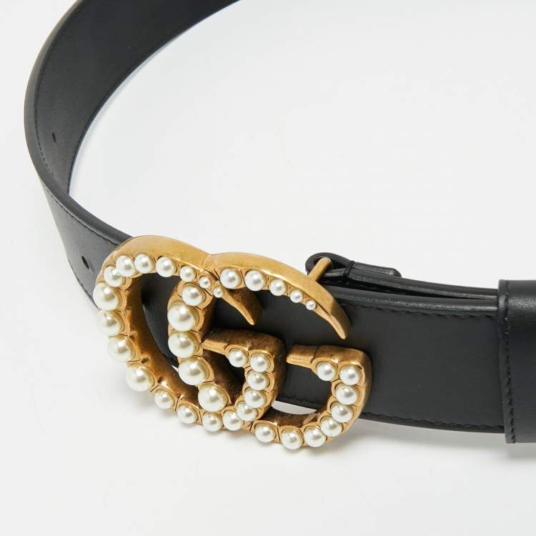 Pre Owned Gucci Black Leather Pearl Embellished Double G Buckle Belt 80 CM