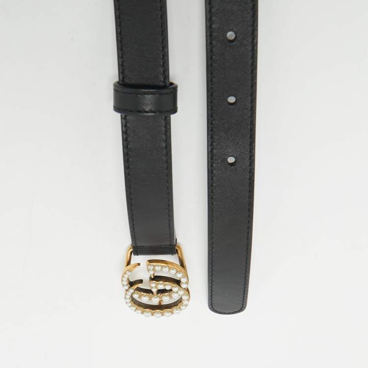 Pre Owned Gucci Black Leather Pearl Embellished GG Marmont Slim Belt 75 CM