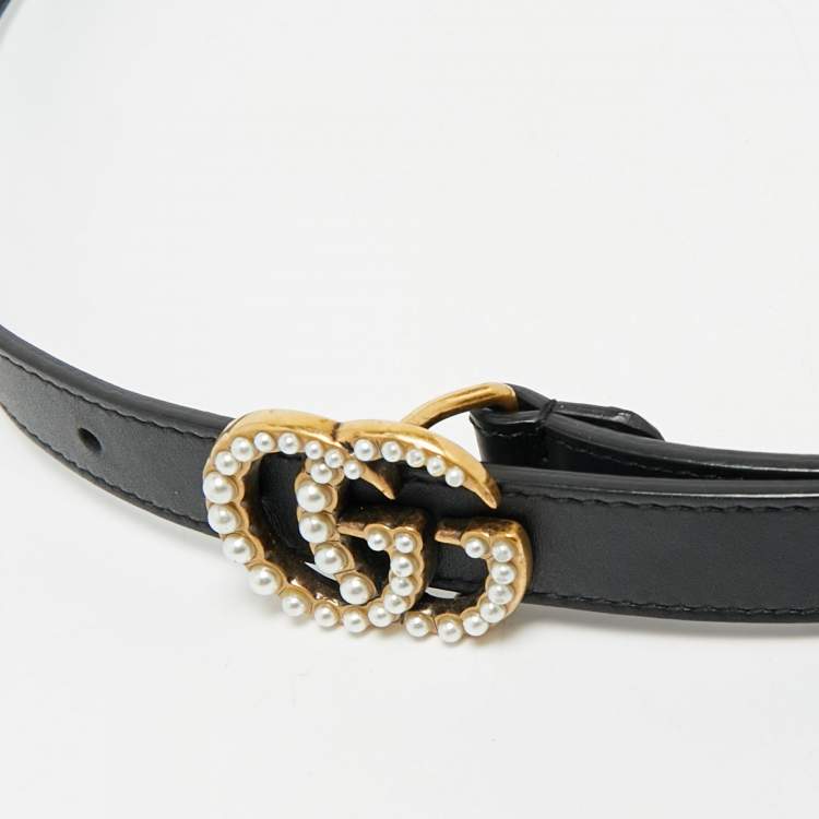 Pre Owned Gucci Black Leather Pearl Embellished GG Marmont Slim Belt 75 CM