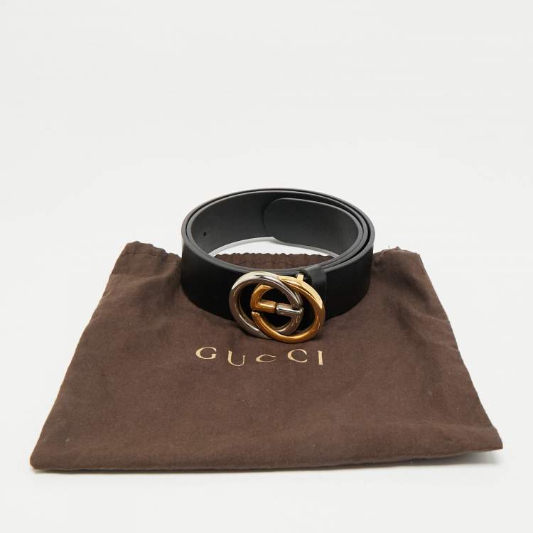 Pre Owned Gucci Black Leather Interlocking G Buckle Belt 90 CM