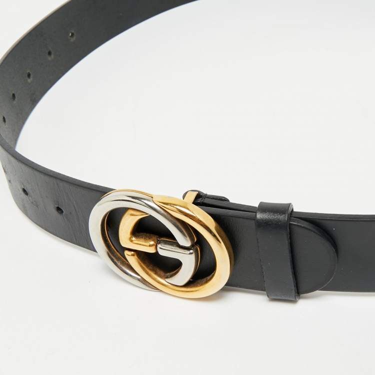 Pre Owned Gucci Black Leather Interlocking G Buckle Belt 90 CM