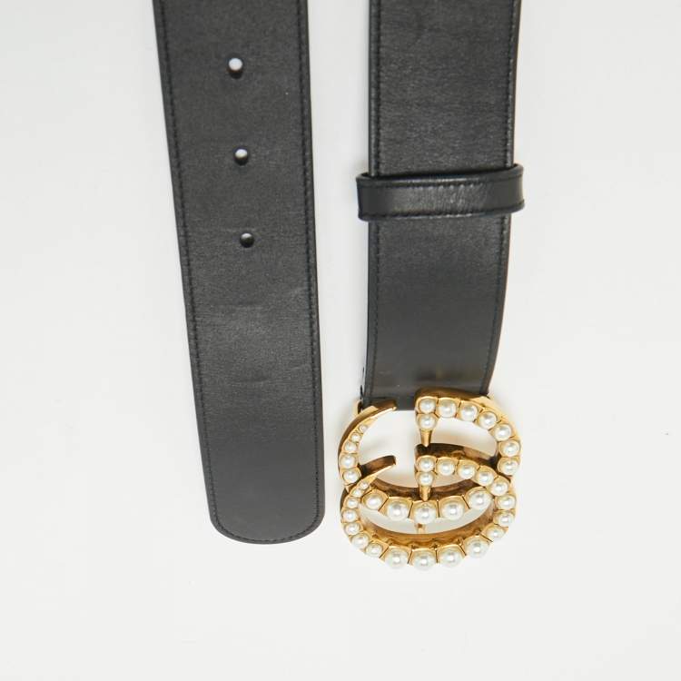 Pre Owned Gucci Black Leather Pearl Embellished Double G Buckle Belt 75 CM