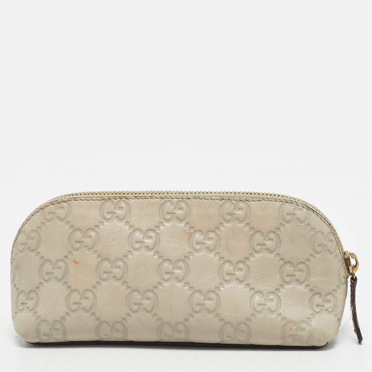 Pre Owned Gucci Ivory Guccissima Leather Cosmetic Zip Pouch