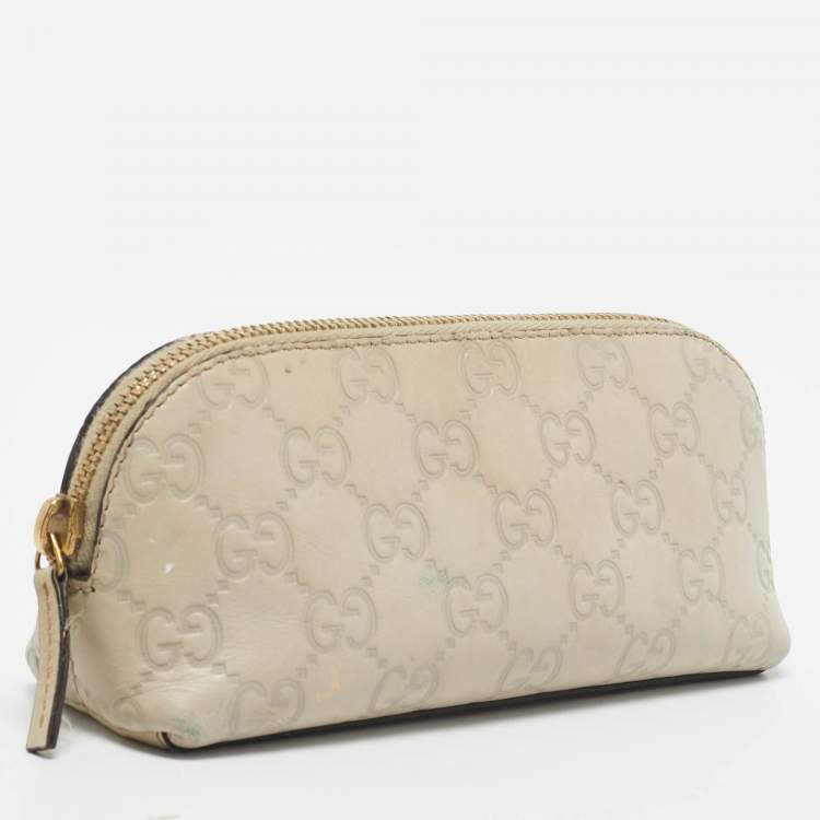Pre Owned Gucci Ivory Guccissima Leather Cosmetic Zip Pouch