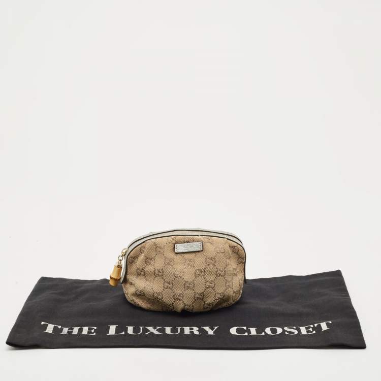 Pre Owned Gucci Beige/Silver GG Canvas and Leather Bamboo Cosmetic Pouch