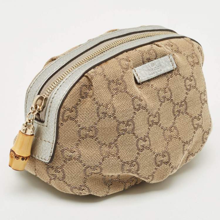Pre Owned Gucci Beige/Silver GG Canvas and Leather Bamboo Cosmetic Pouch