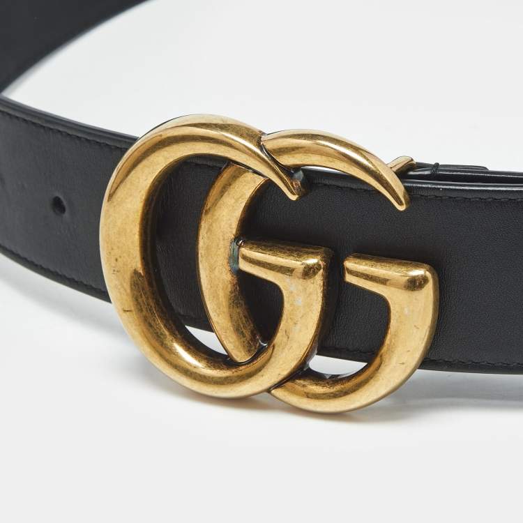 Pre Owned Gucci Black Leather GG Marmont Buckle Belt 75 CM