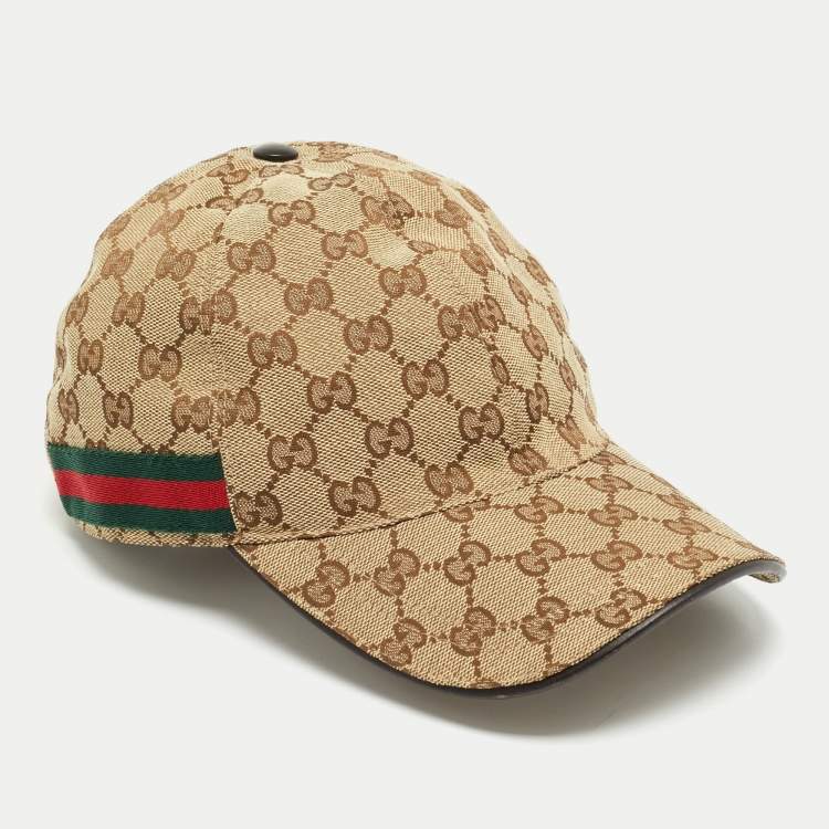 Pre Owned Gucci Beige Logo Monogram Canvas Stripe Detail Baseball Cap M