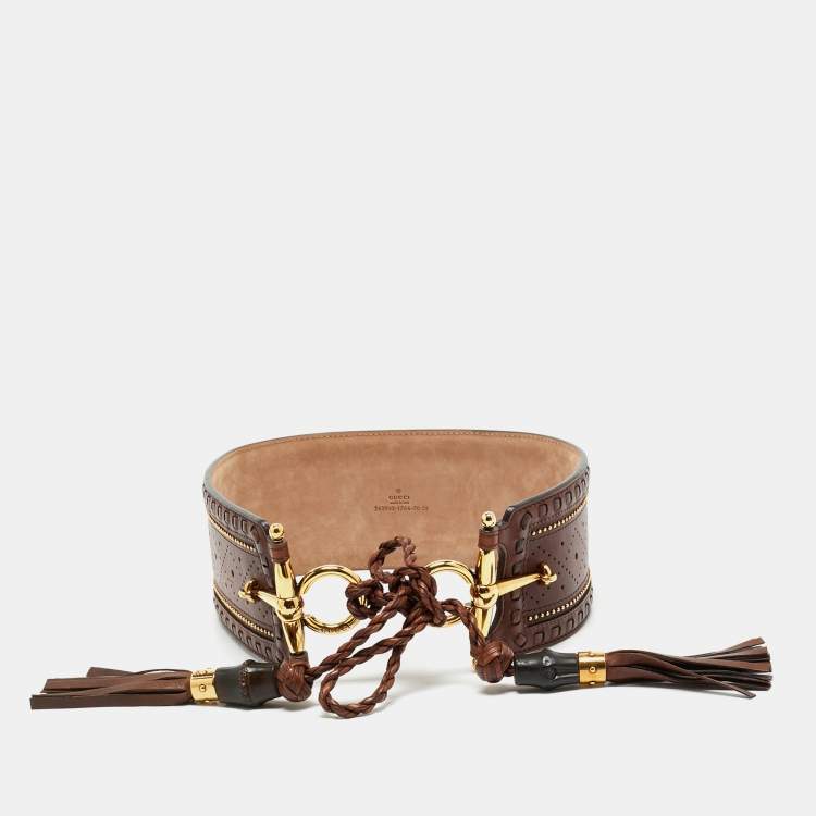 Pre Owned Gucci Brown Leather Embellished Tassel Waist Wide Belt 70CM