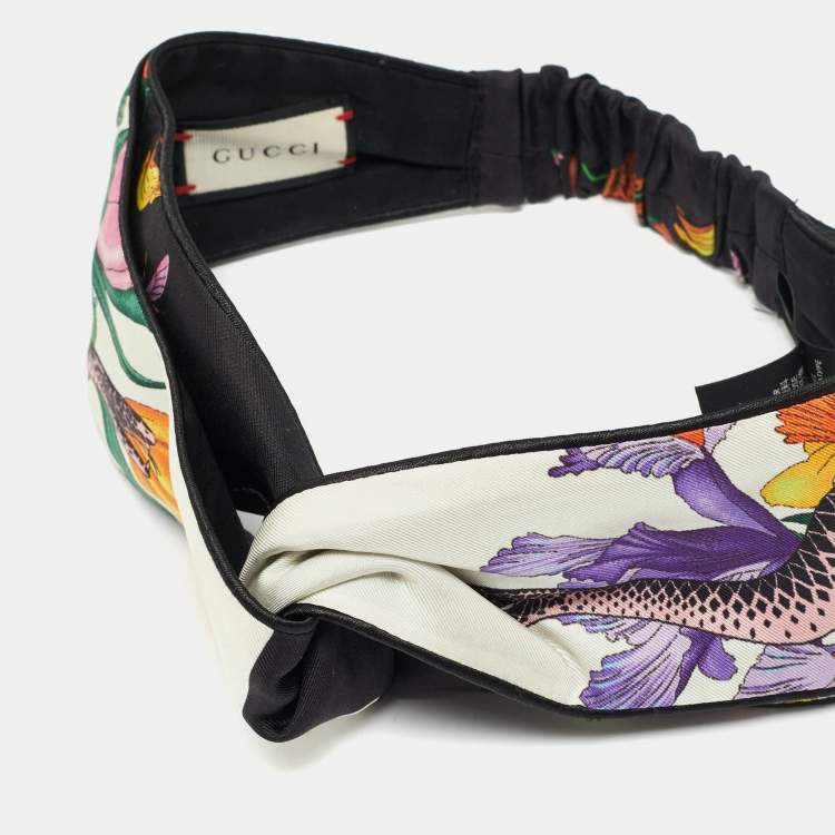 Pre Owned Gucci White Floral-Snake Print Silk Headband
