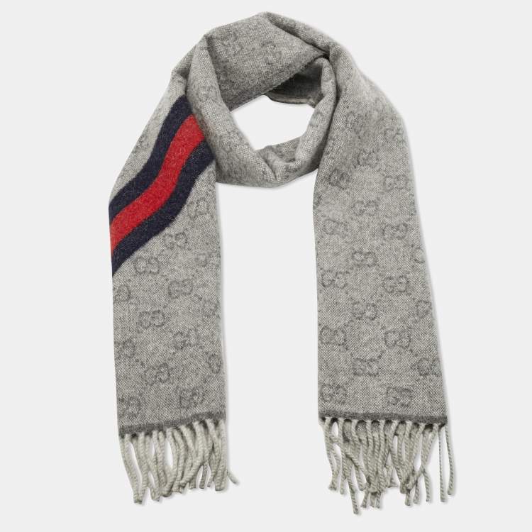 Pre Owned Gucci Grey GG Supreme Monogram Jacquard Wool Fringed Scarf 