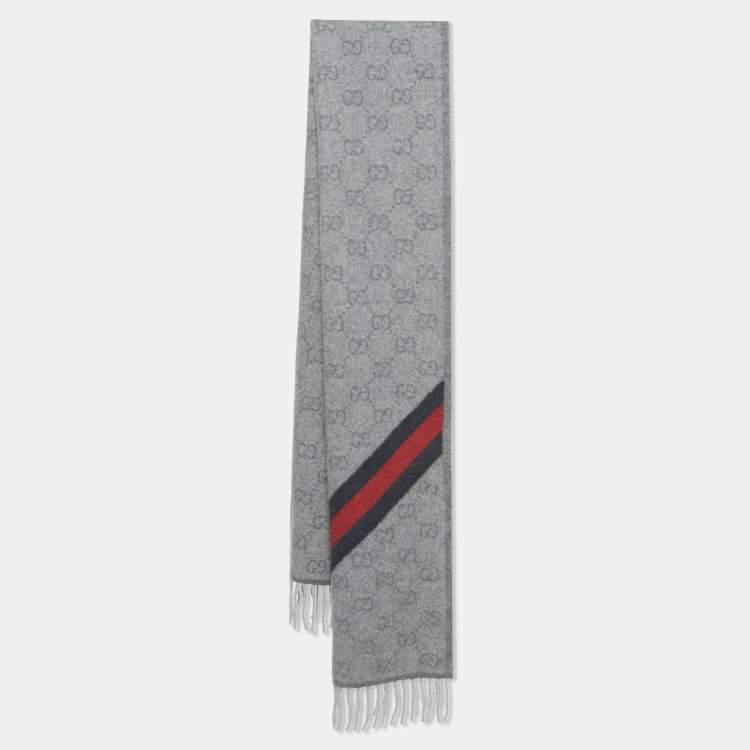 Pre Owned Gucci Grey GG Supreme Monogram Jacquard Wool Fringed Scarf 