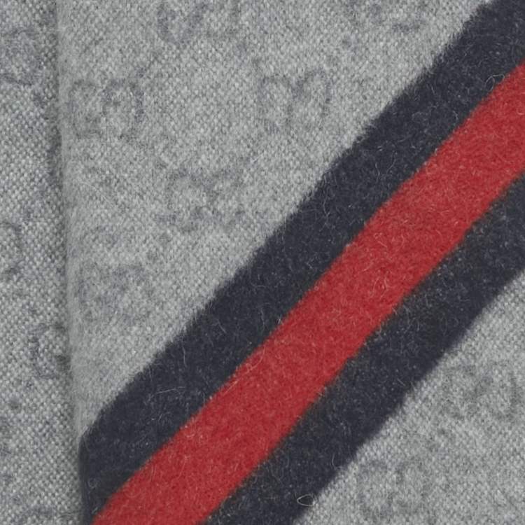 Pre Owned Gucci Grey GG Supreme Monogram Jacquard Wool Fringed Scarf 