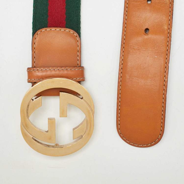 Pre Owned Gucci Tan/Green Fabric and Leather Web Interlocking G Buckle Belt 85CM